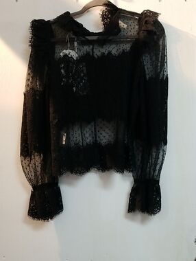 Women's Black Sheer Lace Blouse with Dotted Swiss Detail